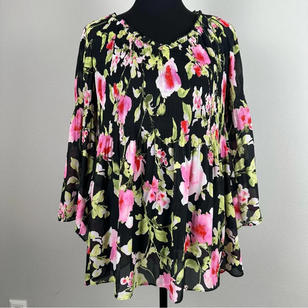 Floral & Ivy Floral Top Sz Large Sheer Pleated Stretch Flare Sleeve Peasant Boho - Picture 1 of 14